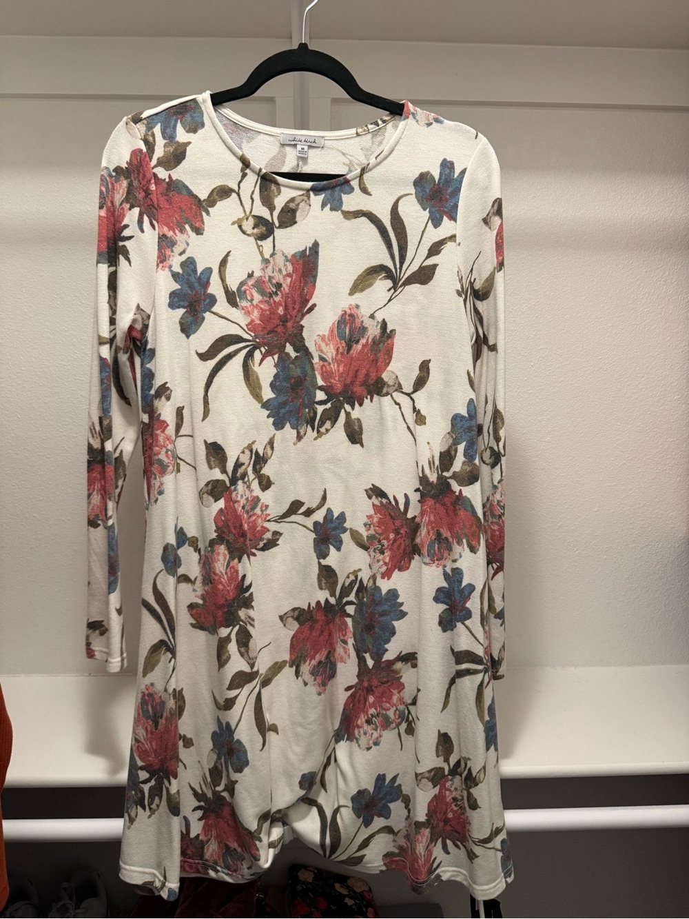 white birch Floral Long Sleeve Tunic Dress in Cream, Pink & Blue